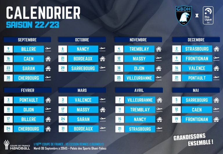 #PROLIGUE : CALENDRIER SAISON 2022/2023 - Grand Besançon Doubs Handball
